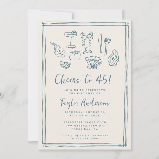 Invitation Main Drawn Funky Nautical Beach 45e anniversaire (Devant)