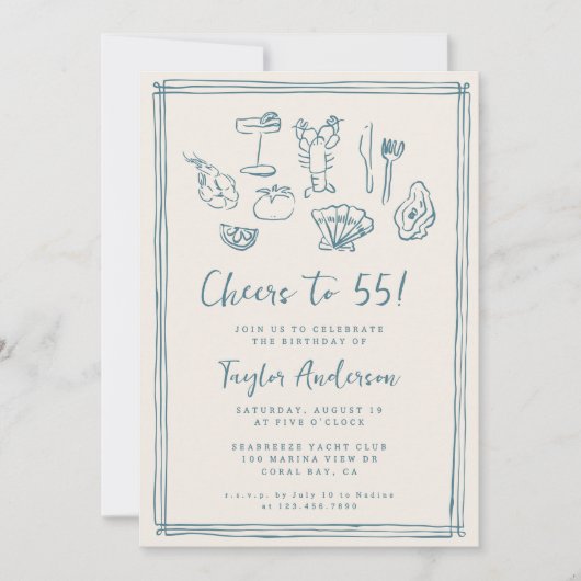 Invitation Main Drawn Funky Nautical Beach 55e anniversaire (Devant)