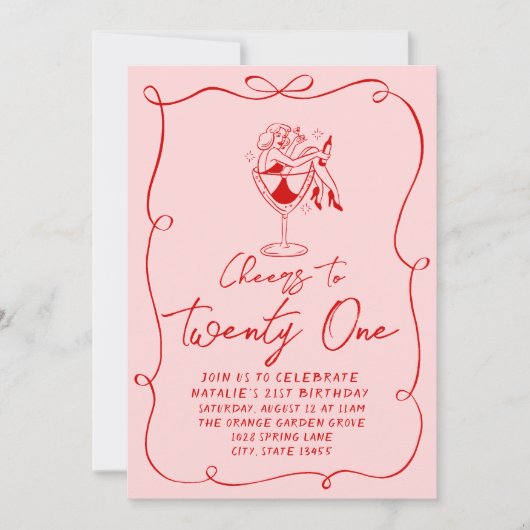 Invitation Main Drawn Pink Bow 21e Coquette Anniversaire (Devant)