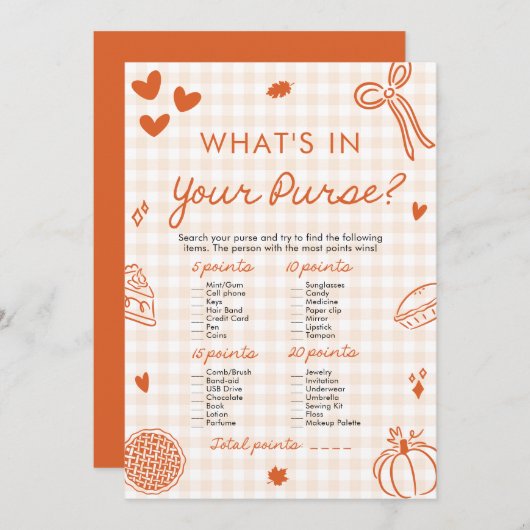 Invitation Main Drawn What's In Your Purse Baby shower Jeu (Devant / Derrière)