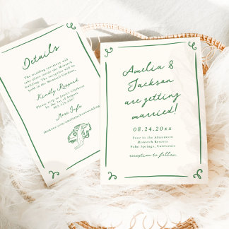 Invitation Main lunaire dessinée verte + Détails Mariage