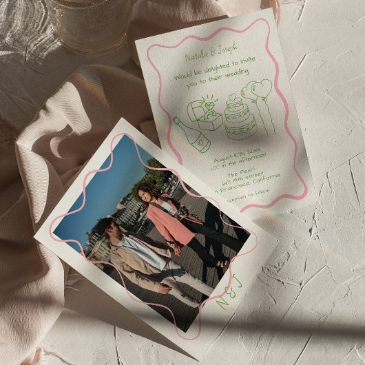 Invitation Main moderne dessinée couleur photo Mariage tendan