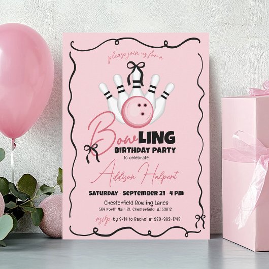 Invitation Main rose dessinée BOWling Bows Fille Anniversaire