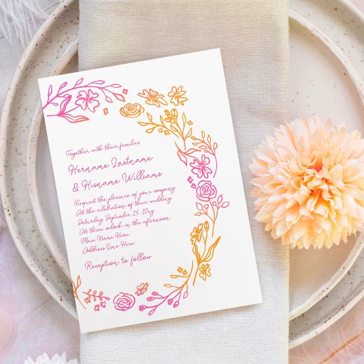 Invitation Main rose orange tirée simple Mariage botanique