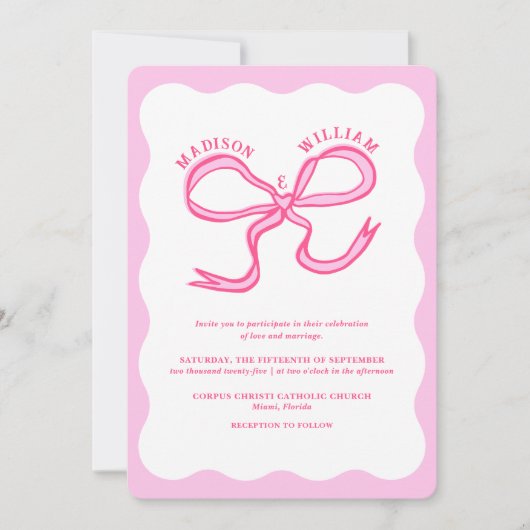 Invitation Main rouge rose tiré Wavy Retro Mariage (Devant)