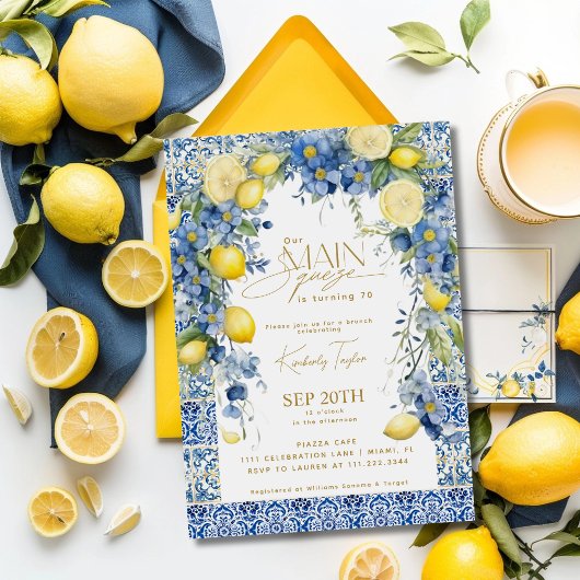 Invitation Main Squeeze Italie Citron Carreaux Bleus Annivers