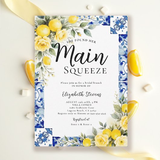 Invitation Main Squeeze Lemon Blue Tile Floral Bridal Shower