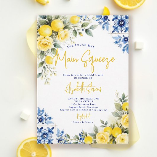 Invitation Main Squeeze Lemon Blue Tiles Roses Bridal Shower
