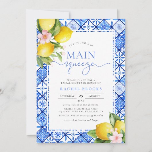 Invitation Main Squeeze Lemon Italien Carrelage bleu Fête des (Devant)