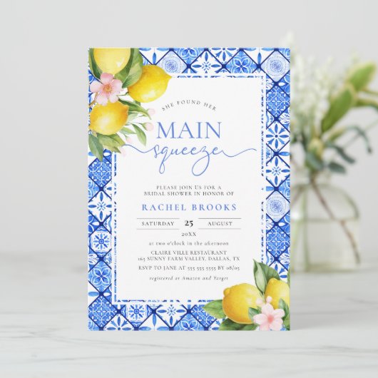 Invitation Main Squeeze Lemon Italien Carrelage bleu Fête des (Debout devant)