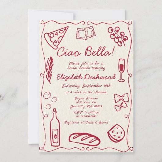 Invitation Main tiré Retro Rouge Italien Décontracté Bridal B (Devant)