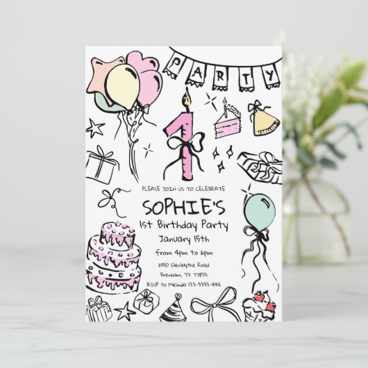 Invitation Main Tirée 1er Anniversaire Invitation, Doodle Ann (Debout devant)