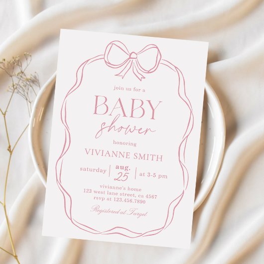 Invitation Main Tirée Bow rose Baby Girl Douche