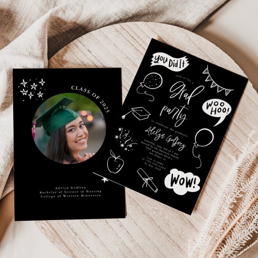 Invitation Main tirée Quirky Black Graduation Party