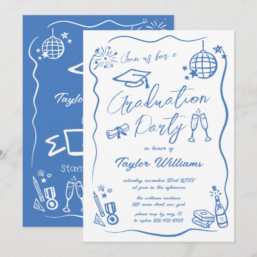 Invitation Main Tirée Quirky Whimsy Doodles Graduation Party (Devant / Derrière)