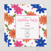 Invitation Main Tirée Rose, Orange, Fleurs Bleues (Devant / Derrière)