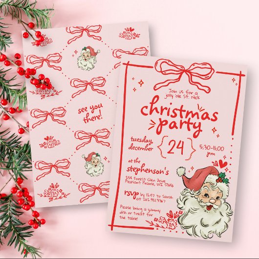 Invitation Main tirée rouge Bow rose Vintage Père Noël Noël