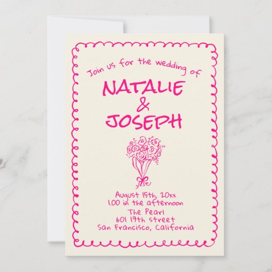 Invitation Main Tirée Vivid Rose Retro Mariage double face (Devant)