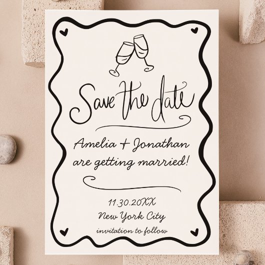 Invitation Main Tirée Wavy Doodle Wedding Enregistrer La Date