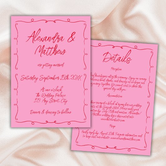 Invitation Main Tirée Whimsical Rose Et Rouge Mariage Funky