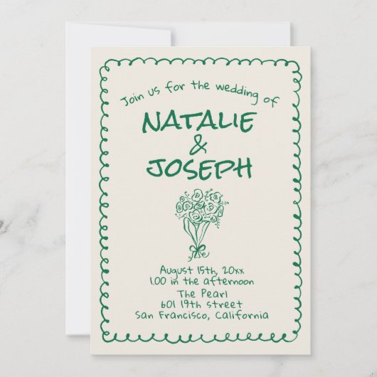 Invitation Main verte Rétro Tirée Quirky Tout En Un Mariage (Devant)