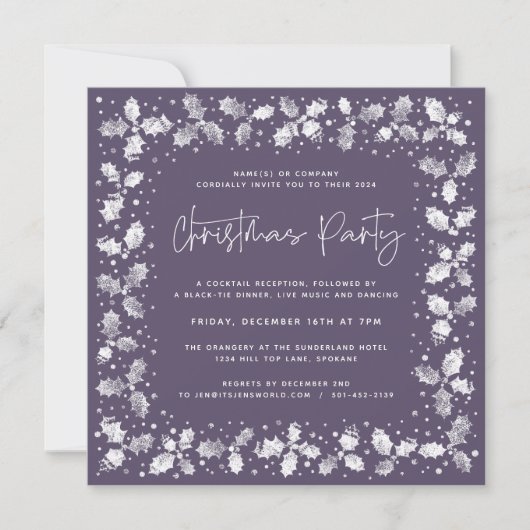 Invitation Main violette imprimé Holly+Berries fête de Noël (Devant)