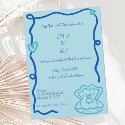 Invitation Main Whimsical Bleu tiré Mariage Wavy Quirky