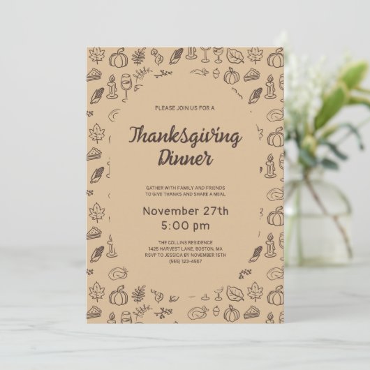 Invitation Main Whimsical Brown moderne tiré Thanksgiving (Debout devant)