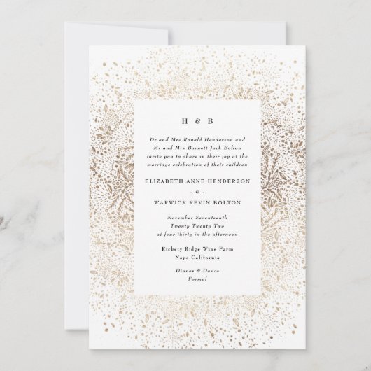 Invitation Main Whimsical Formelle tirée Mariage blanc et or (Devant)