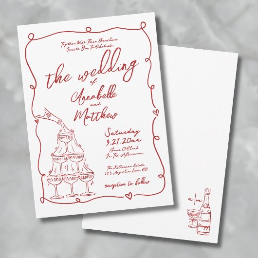 Invitation Main Whimsical Rouge tirée Mariage Quirky