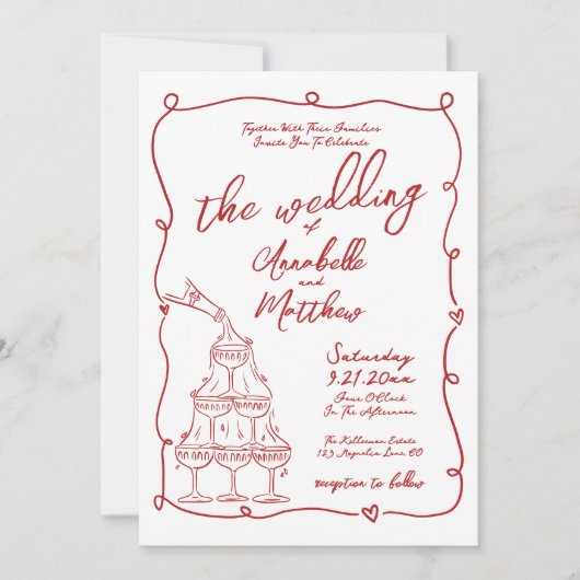 Invitation Main Whimsical Rouge tirée Mariage Quirky (Devant)