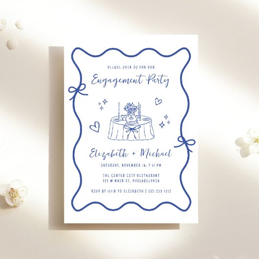 Invitation Main Whimsical tiré Bleu Script de l'engagement