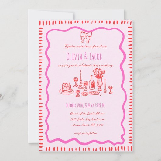 Invitation Main Whimsical tiré Bow rouge Mariage vague (Devant)