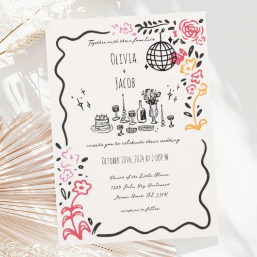 Invitation Main Whimsical tiré floral Scribble Wavy Mariage