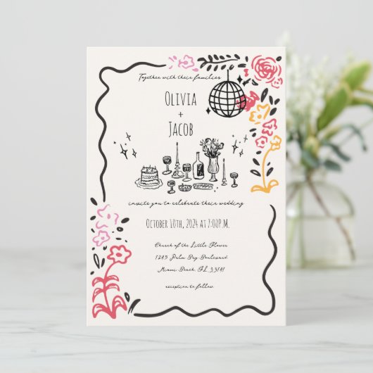 Invitation Main Whimsical tiré floral Scribble Wavy Mariage (Debout devant)