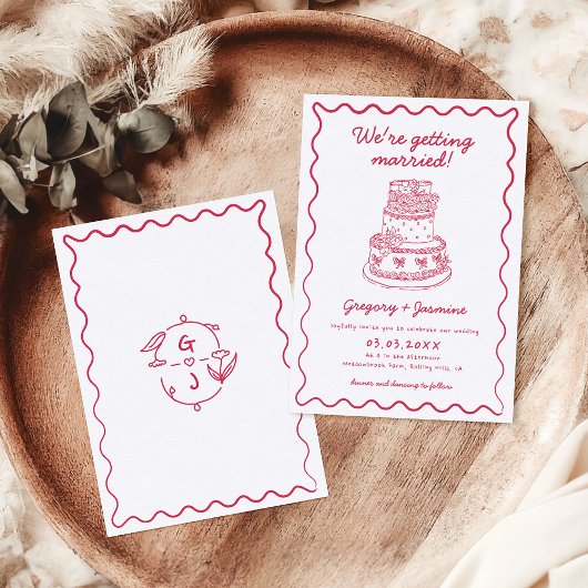Invitation Main Whimsical tiré main rouge Mariage manuscrit