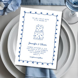 Invitation Main Whimsical tiré Mariage gâteau bleu blanc