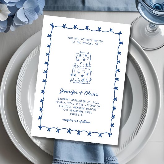 Invitation Main Whimsical tiré Mariage gâteau bleu blanc