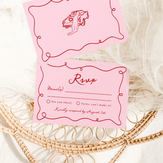 Invitation Main Whimsical tiré rose et rouge mariage RSVP