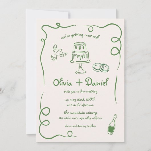 Invitation Main Whimsical tirée Français Vert Détails Mariage (Devant)