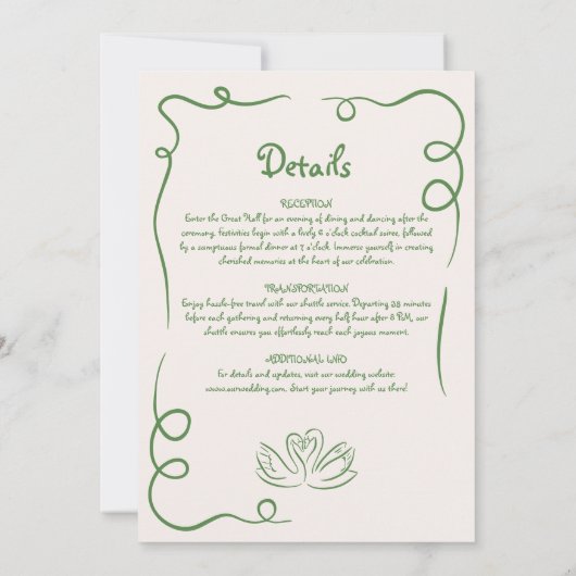 Invitation Main Whimsical tirée Français Vert Détails Mariage (Dos)