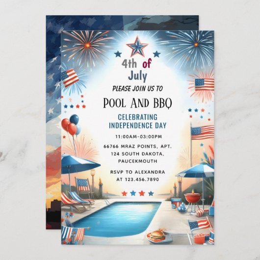 Invitation Maintenant Bbq Rouge Bleu Bleu Bleu Usa Drapeau 4  (Devant / Derrière)