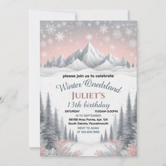 Invitation maintenant bleu fille neige hiver Onederland 13e a (Devant)