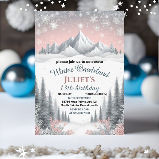 Invitation maintenant bleu fille neige hiver Onederland 13e a