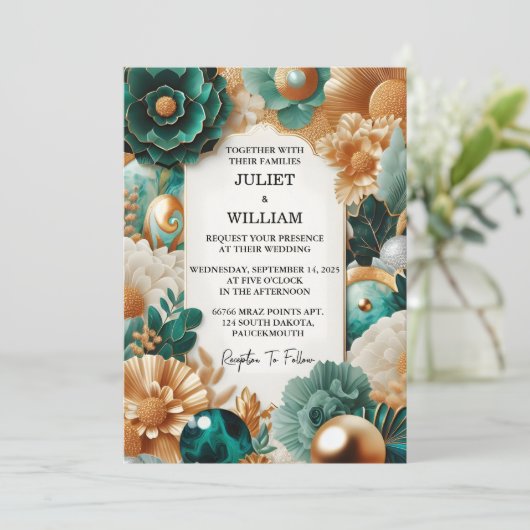 Invitation Maintenant Marble Monstera Emerald Vert Et Or Mari (Debout devant)