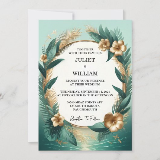 Invitation Maintenant Wreath Palm Tree Beach Mariage Vert Et  (Devant)