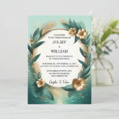 Invitation Maintenant Wreath Palm Tree Beach Mariage Vert Et  (Debout devant)