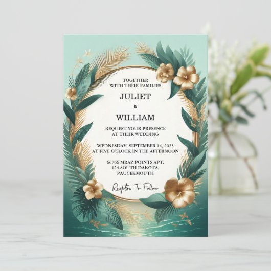 Invitation Maintenant Wreath Palm Tree Beach Mariage Vert Et  (Debout devant)