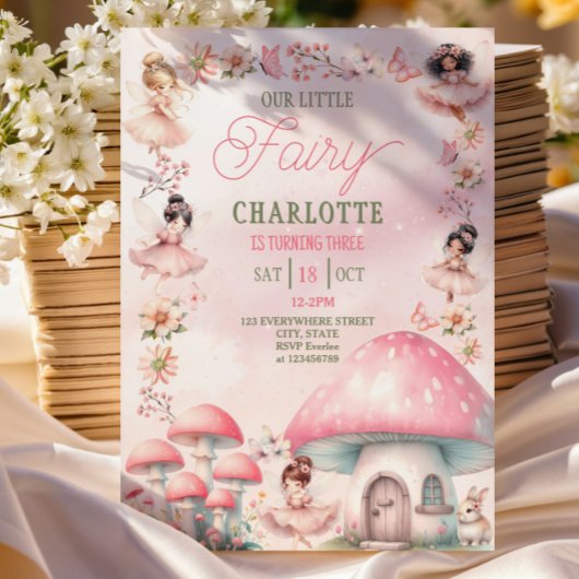 Invitation Maison Champignon Fée Rose Anniversaire