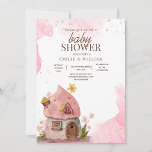 Invitation Maison Champignon Rose Fête Prénatale en Forêt 